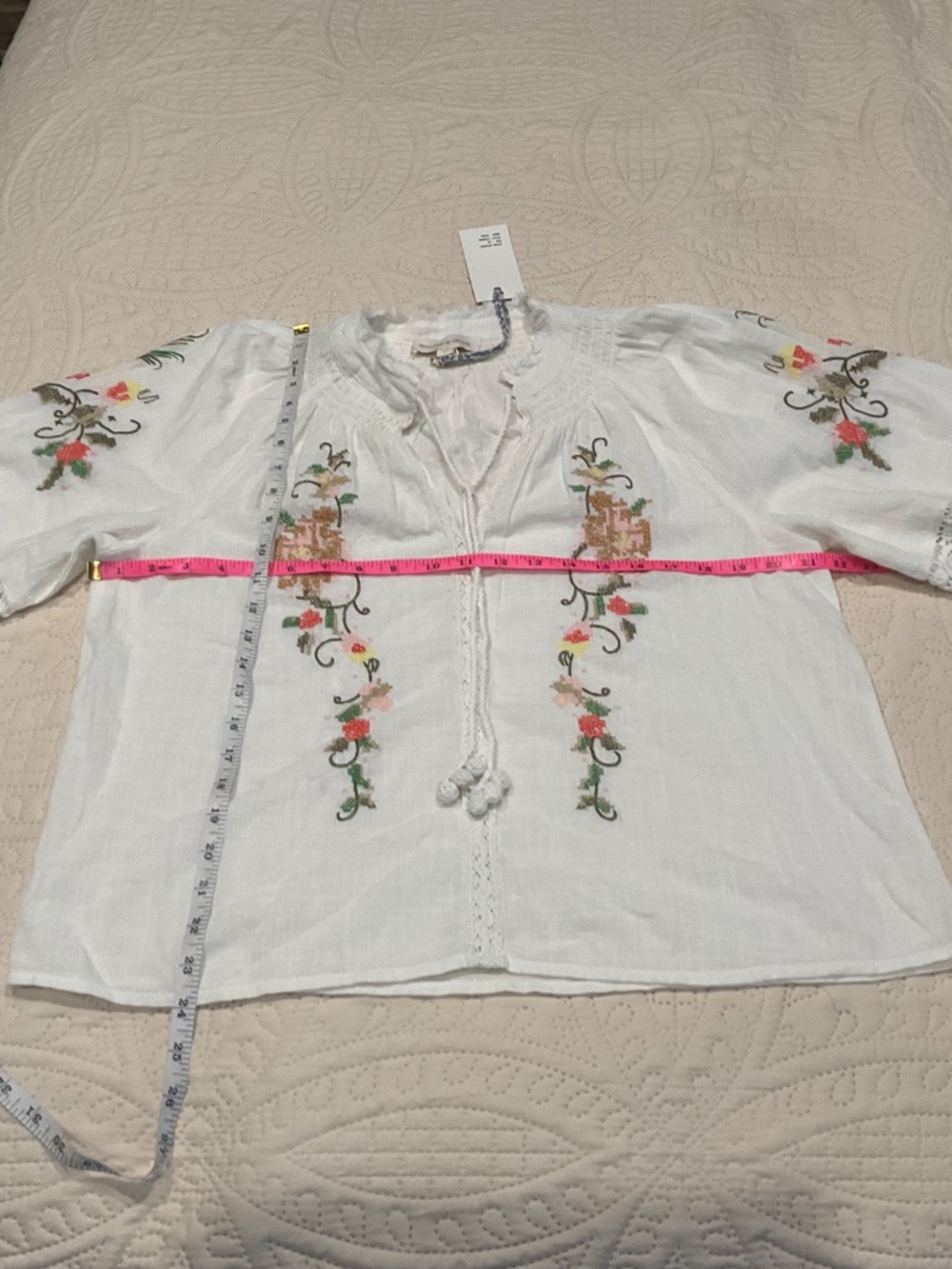 Jennifer & Grace Embroidered Peasant Blouse w/ Floral Accents Crocheted Trim - Picture 4 of 14